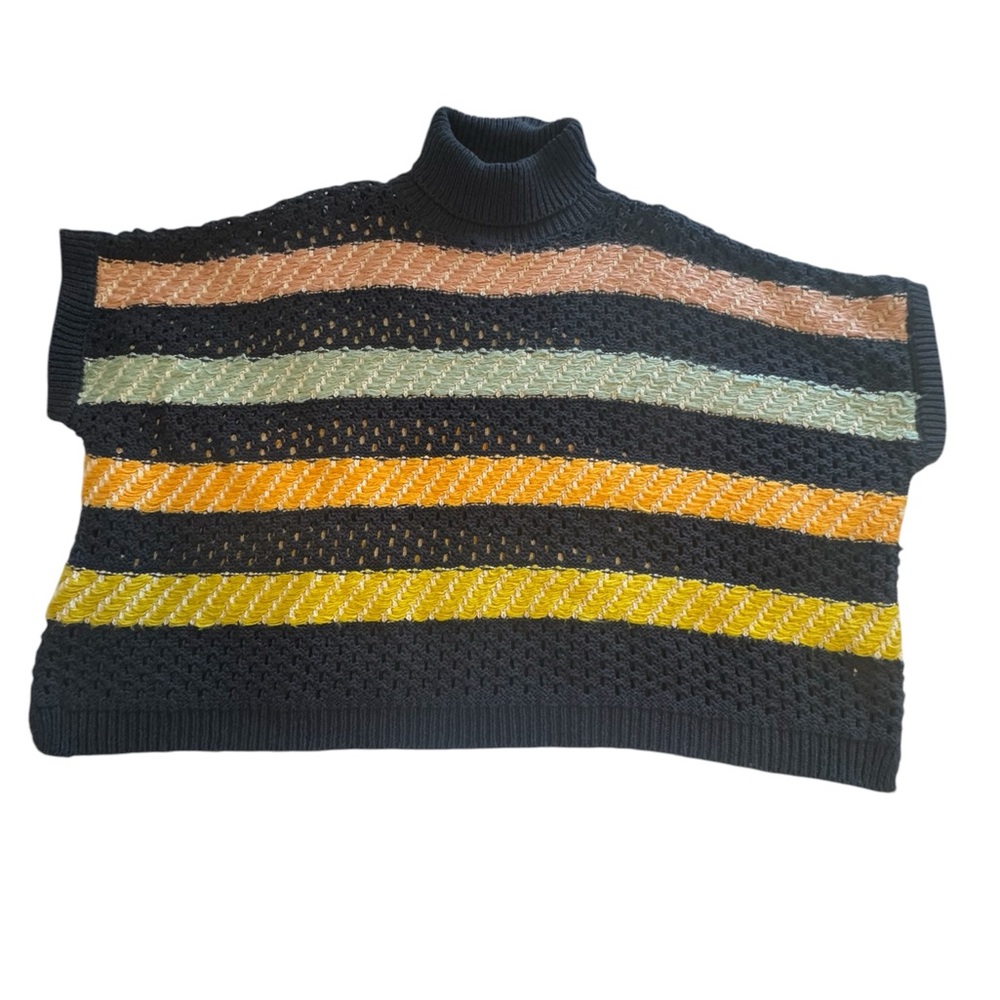 Anthropologie Navy Striped Turtleneck Sweater OS Poncho Crochet Boho Grannycore - Picture 3 of 9